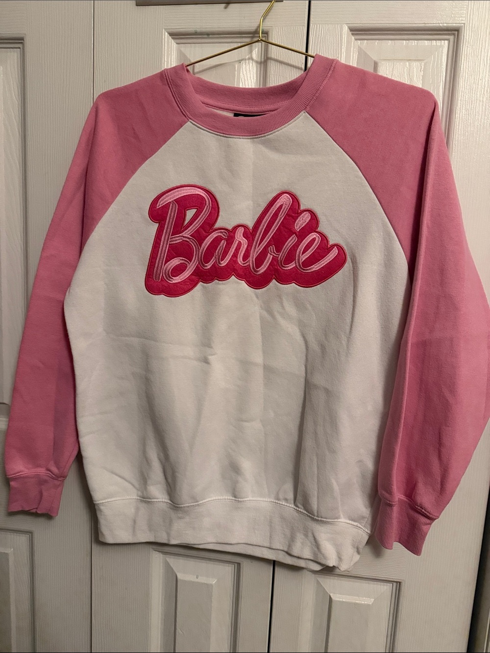 Barbie White and Pink Raglan Sweatshirt with Embroidered Logo